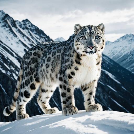Snow Leopard Standing on Snowy Mountain