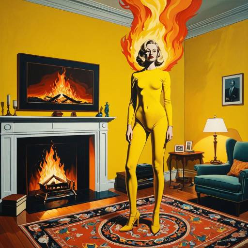 Surrealist Yellow Woman on Fire in Living Room