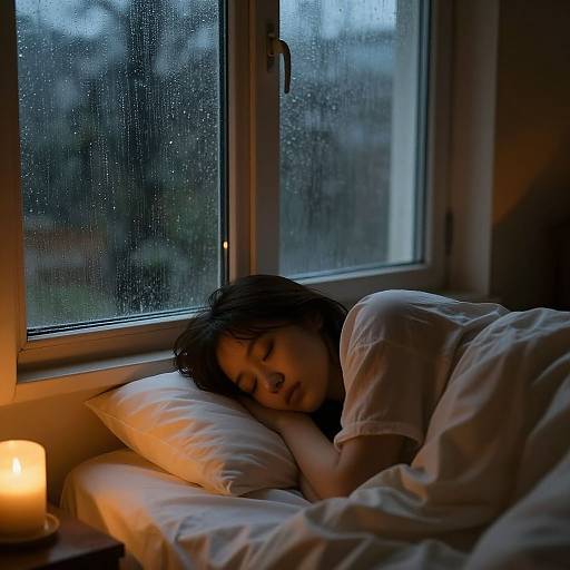 Photograph of a young woman with dark, messy hair sleeping in a dimly lit room by a rain-streaked window, wrapped in a white