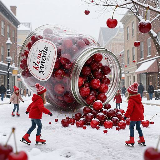 Photograph: Giant glass jar filled with red Christmas ornaments spills in snowy street, two children in red winter clothes ice skate nearby, red baubles