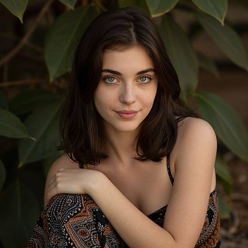 Photograph of a young woman with fair skin, blue eyes, and dark brown hair, wearing a patterned off-shoulder top, sitting among