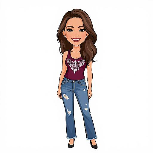 Digital cartoon of a smiling woman with long brown hair, wearing a purple floral tank top, blue ripped jeans, and black heels.