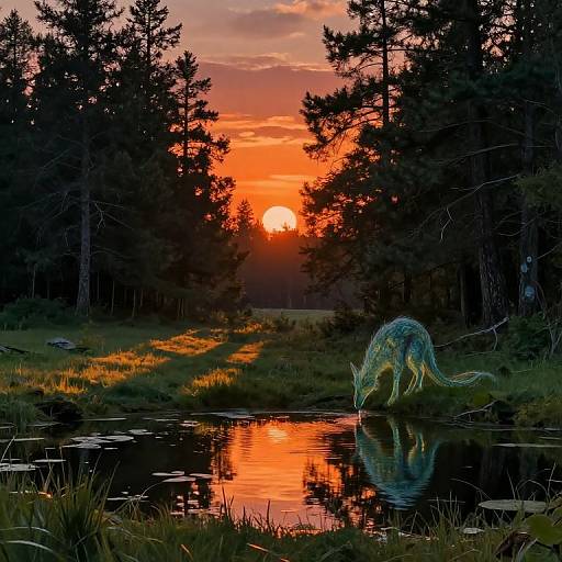 Digital artwork of a green, dinosaur-like creature drinking from a reflective pond at sunset, surrounded by dark pine trees and vibrant orange sky.