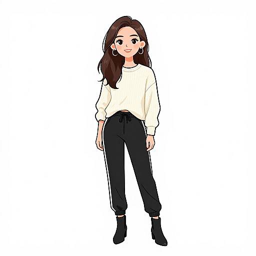 Digital drawing of a young woman with long brown hair, wearing a white long-sleeve top, black high-waisted pants, and black ankle