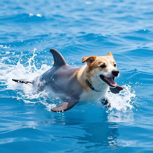 Dog Riding Dolphin in Sparkling Ocean