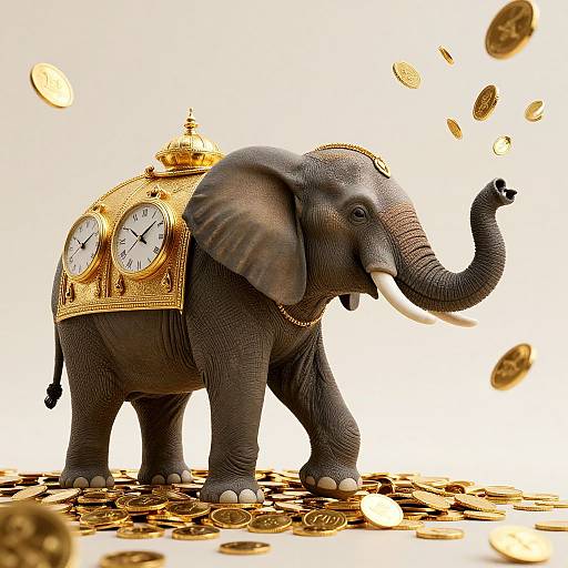 Photograph of a gray elephant with a gold clock on its back, tossing golden coins into the air, standing on a pile of coins. Bright white