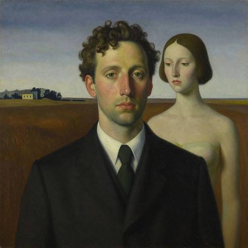 Photorealistic painting of a curly-haired man in a black suit, white shirt, and black tie, standing beside a pale-skinned, brown-haired