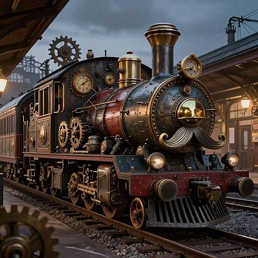Photograph of a vintage, steam-powered black locomotive with brass accents and large front headlight, standing on train tracks at a dimly lit,