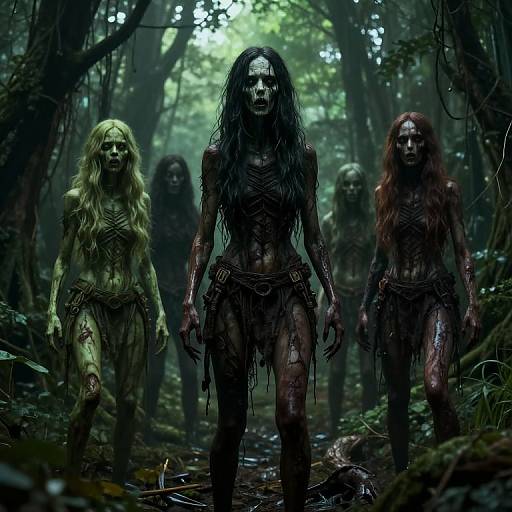 Digital artwork of four eerie, mud-covered, long-haired forest spirits with bloody wounds, wearing tattered loincloths, emerging from a dark,