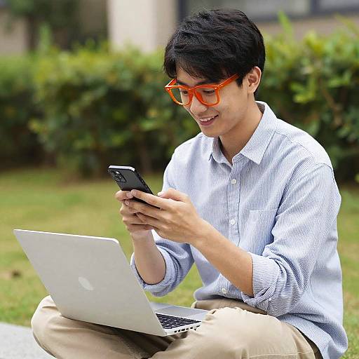 Young Man Outdoors With Devices