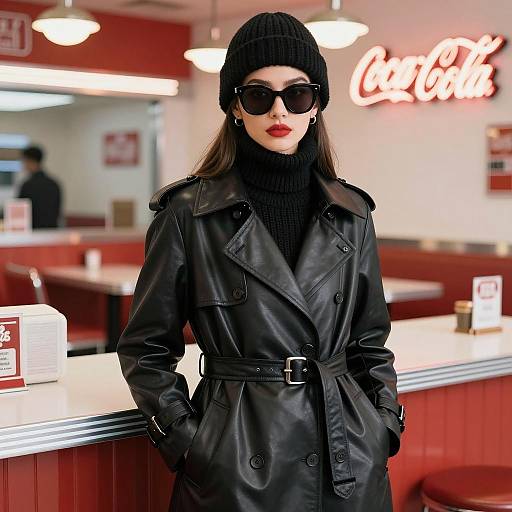 Fashionable Woman in Black Leather Coat at Vintage Diner