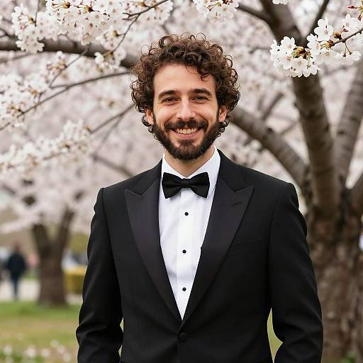 Photograph of a smiling, curly-haired man with a beard, wearing a black tuxedo and bow tie, standing in front of blooming cherry