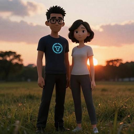 Sunset Scene with Anthropomorphic Characters