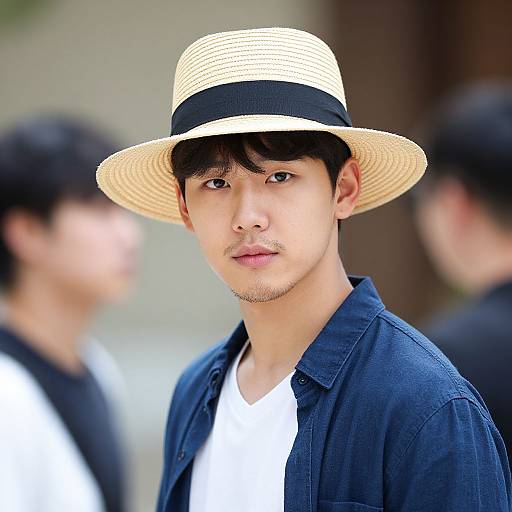Photograph of an Asian man with fair skin, black hair, and light stubble, wearing a straw hat with a black band, navy shirt,