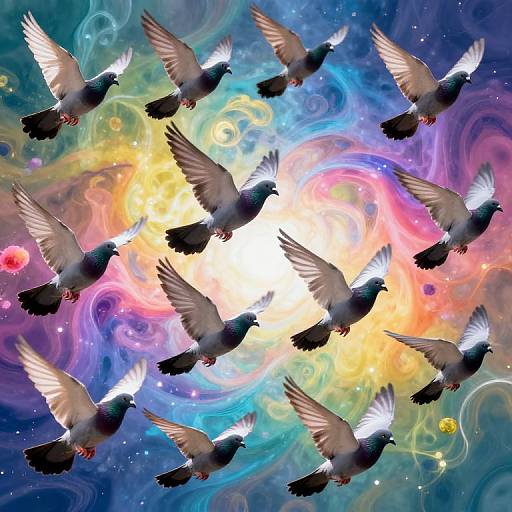 Kaleidoscopic Pigeons in Ethereal Flight