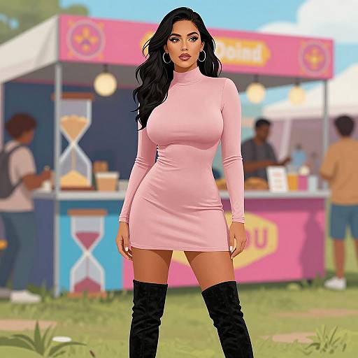 Photograph-style digital image of a curvy woman with long black hair, wearing a tight pink dress and black thigh-high boots, standing in front of
