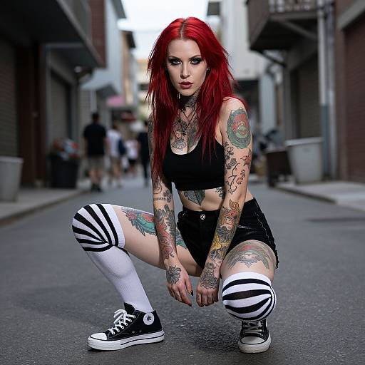 Tattooed Woman in Urban Alleyway