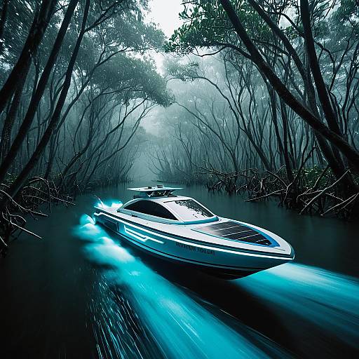 Futuristic Solar-Powered Speedboat in Bioluminescent Mangrove Forest