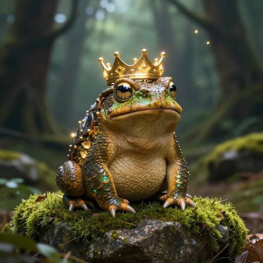 Photorealistic digital artwork of a green, scaly frog with a golden crown, sitting on a mossy rock in a mystical forest.