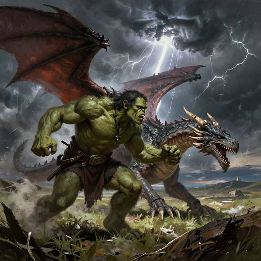 Digital fantasy artwork: Muscular green orc with dark wings and leather loincloth, battles fierce black dragon under stormy sky with lightning.
