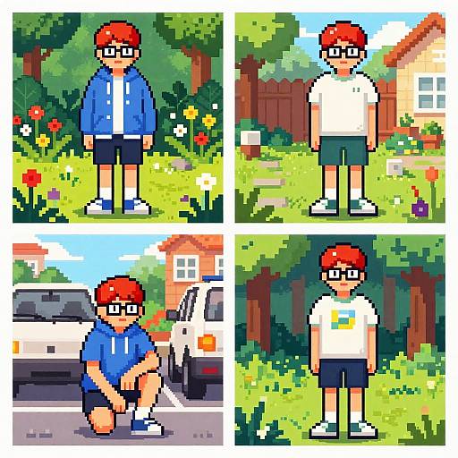 Pixel Art Redhead in Four Scenes
