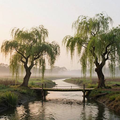 Mist-Swathed Marshland with Two Willow Trees and Wooden Footbridge