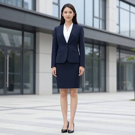 Photograph of an Asian woman with long black hair, wearing a dark navy blazer, white blouse, knee-length skirt, and black heels, standing