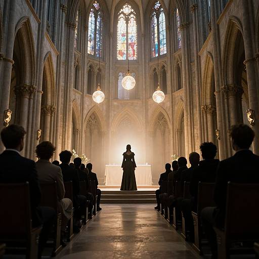 Photograph of a Gothic cathedral interior, silhouetted congregation facing a lit altar with a standing figure, ornate stained glass windows, and glowing