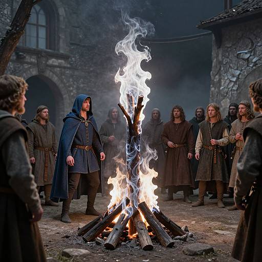 Photograph of medieval village scene: group of robed men and one blue-cloaked figure standing around a tall, fiery woodpile in a stone