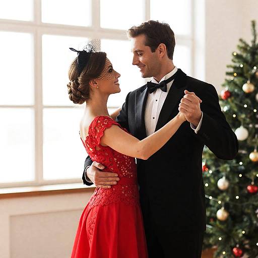 Elegant Couple Dancing by Christmas Tree
