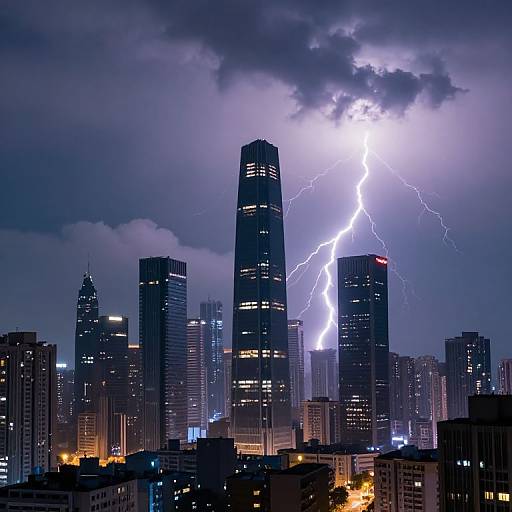 Photograph of a city skyline at night with a bright lightning bolt striking tall skyscrapers, illuminating dark blue, cloudy sky. Buildings are lit