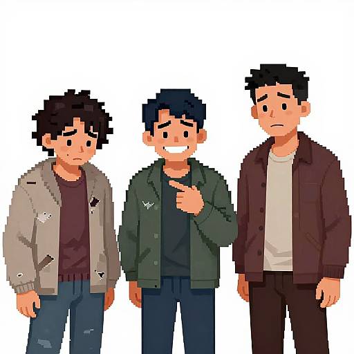 Pixel art of three men with black hair, different expressions; left shy, center smiling and pointing, right sad; wearing casual jackets and shirts.