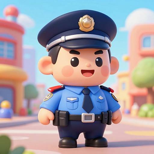 Chibi-style cartoon police officer with blue uniform, black hat, and badge, standing in a colorful, sunny town background.