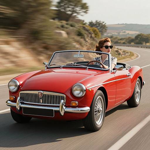 Photograph of a red classic convertible car driving on a winding road, with a woman in sunglasses and a white blouse behind the wheel. Blurred green