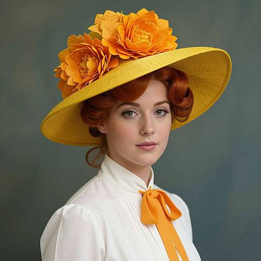 Photograph of a fair-skinned woman with red hair, wearing a yellow straw hat adorned with large orange flowers, a white blouse with an orange bow