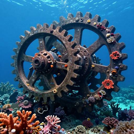 Photograph of a rusted underwater gearwheel covered in colorful coral and marine life, surrounded by vibrant ocean coral reef.