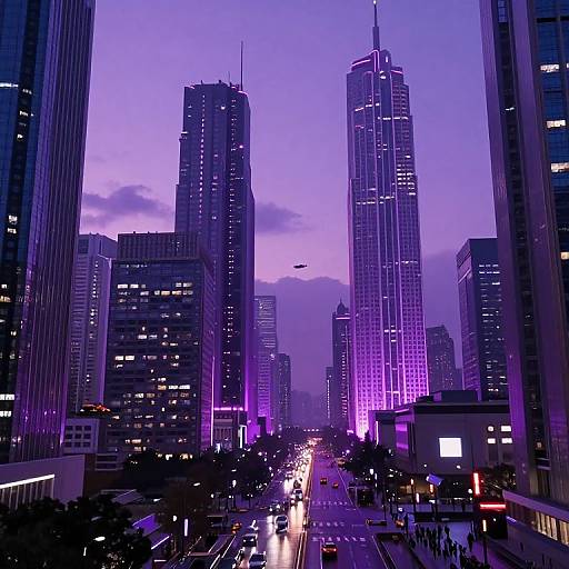 Digital artwork of a futuristic cityscape at dusk, featuring towering skyscrapers illuminated in purple and blue lights, with a busy street and vehicles below,