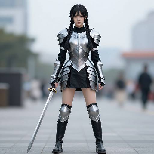 Photograph of an Asian woman in silver armor, black skirt, and boots, standing with a sword, in a blurred urban setting.