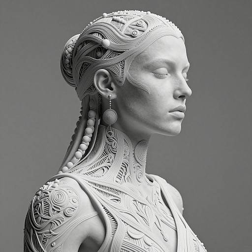 Highly detailed CGI sculpture of a futuristic, stylized woman with intricate, mechanical patterns on her head, neck, and shoulders, rendered in monochrome