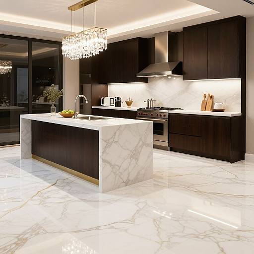 Modern kitchen photograph: Dark wood cabinets, white marble island, crystal chandelier, stainless steel appliances, under-cabinet lighting, white marble floor.