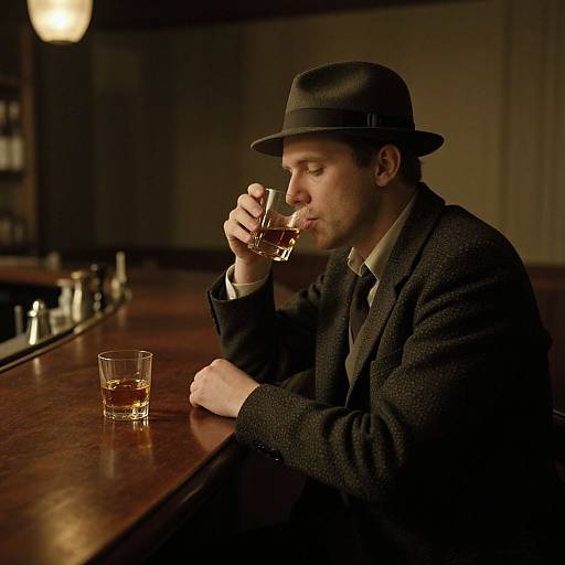 Photograph of a man in a black suit and fedora, sipping whiskey at a dimly lit bar, with a glass on the wooden counter