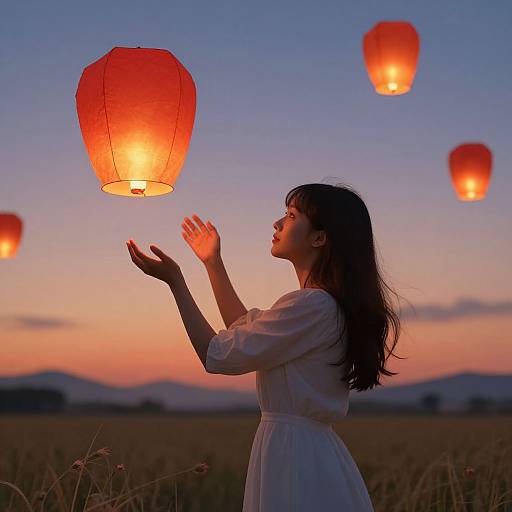 Photograph of a young woman with long black hair, wearing a white dress, releasing a red paper lantern at twilight in a field with multiple lanterns