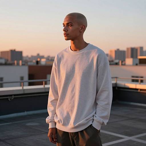 Photograph of a bald, dark-skinned man in a white sweatshirt, standing on a rooftop at sunset, with city buildings in the background.