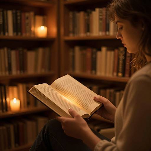 Photograph of a woman with wavy brown hair, reading an illuminated book in a dimly lit library with warm candlelight and bookshelves in