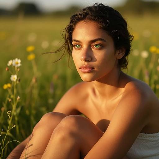 Photograph of a young woman with striking green eyes, dark wavy hair, and tanned skin, sitting in a sunlit meadow, knees