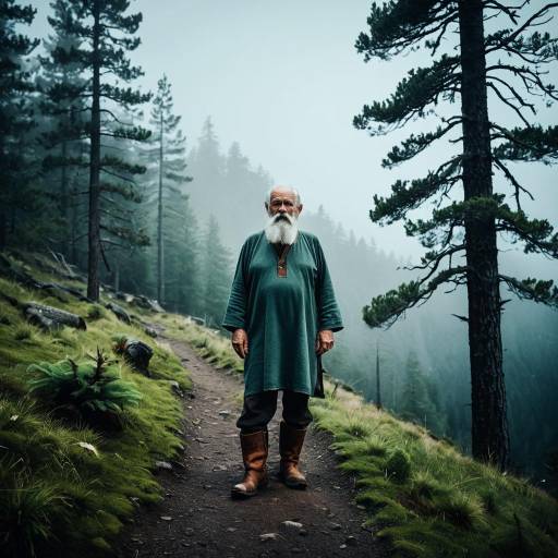 Elderly Man on a Foggy Mountain Trail