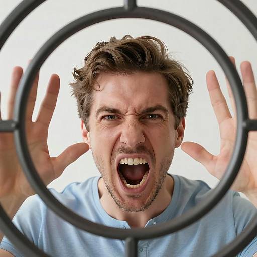 Intense Man Yelling Through Mesh Background
