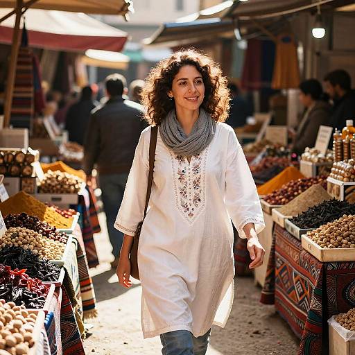 Photograph of a curly-haired woman with a gray scarf, wearing a white embroidered dress, walking through a bustling outdoor market with colorful spice stalls and various