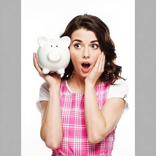 Digital illustration of a surprised woman with dark brown hair, wearing a pink plaid dress, holding a white piggy bank against a white background. Her