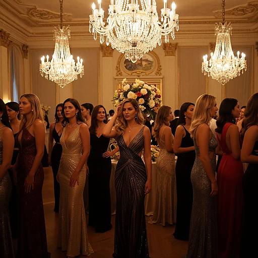 Photograph of elegant women in sparkling evening gowns, standing in a luxurious room with three large, glowing chandeliers, surrounded by ornate walls